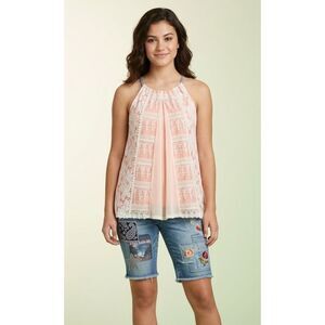 Rue 21 Sleeveless Babydoll Tank Top Lace Overlay Flowy Racerback Semi Sheer M